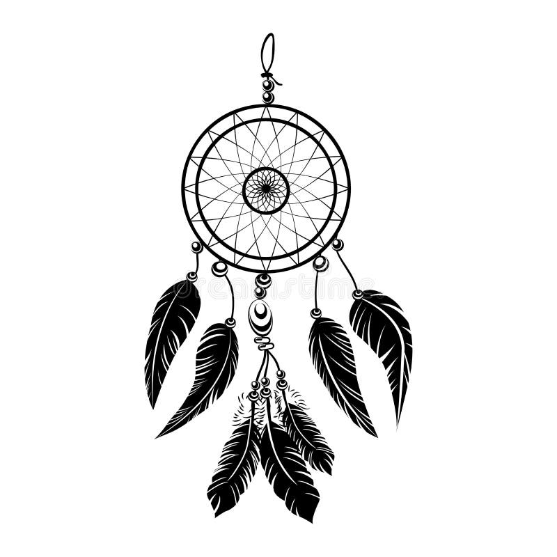 Tatuagem ideal preta indiana do dreamcatcher do vector do coletor no fundo branco ilustração royalty free Tatuagem ideal preta indiana do dreamcatcher do vector do coletor no fundo branco ilustração royalty free